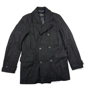 Guess Wool Pea Coat Mens Medium Black Quilted Lining Double Breasted